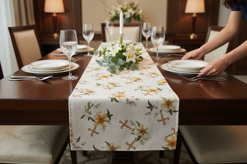 Linen floral table runner - floral,